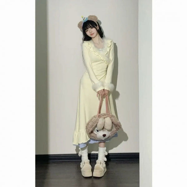 Vestido dulce ceñido V patrocinador con diseño de primavera y otoño, cintura fruncida y efecto esculpido - The Noble Style