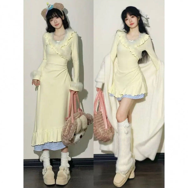 Vestido dulce ceñido V patrocinador con diseño de primavera y otoño, cintura fruncida y efecto esculpido - The Noble Style