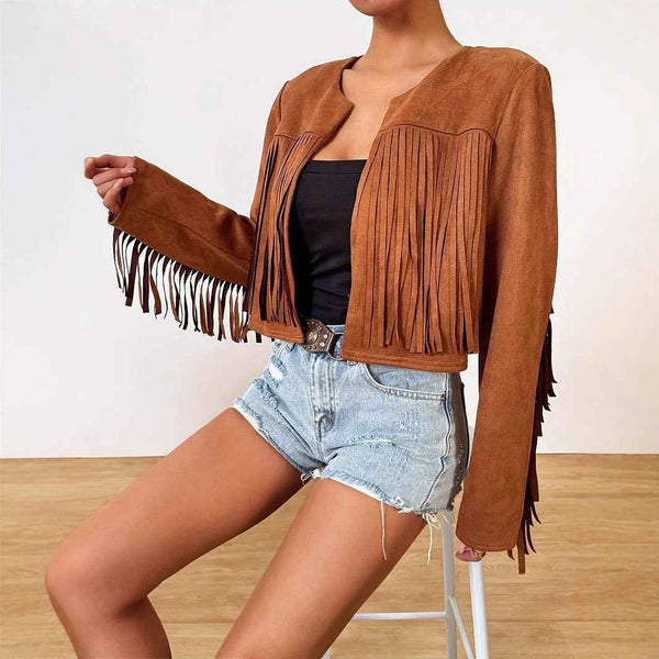 Chaqueta retro con flecos mujer ideal para vacaciones casuales