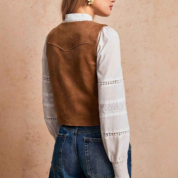 Chaleco con borlas de mujer, chaqueta casual retro con botones de metal al frente