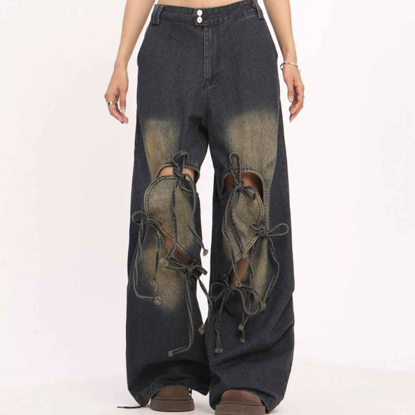 Jeans de mujer de cintura alta con cordones, pantalones rectos y anchos desgastados