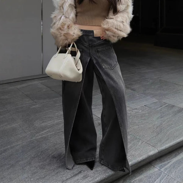 Jeans anchos de desgaste Y2g, desgaste frente y detrás, lavado, estilo suelto, pierna ancha - The Noble Style