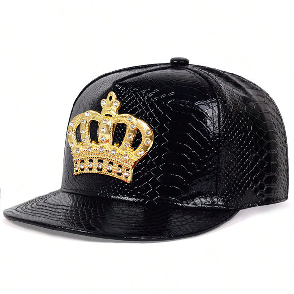 Gorro hip hop de cuero PU con etiqueta metálica Crown, sombrero plano estilo europeo y americano - The Noble Style