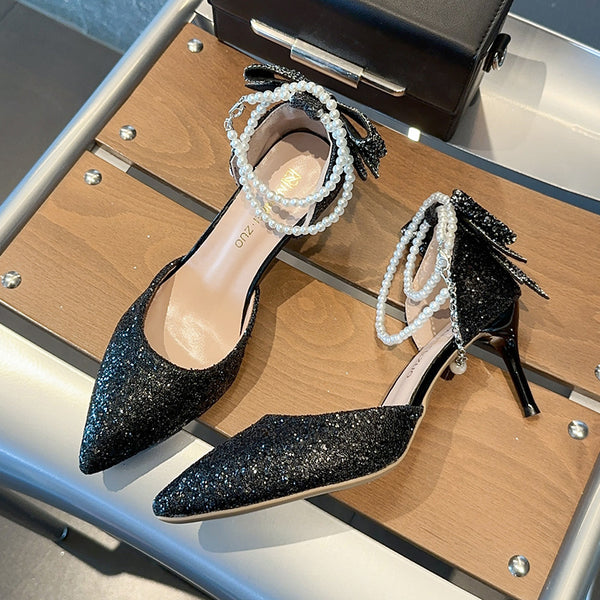 Tacones altos negros con paillette y moño para mujeres - The Noble Style