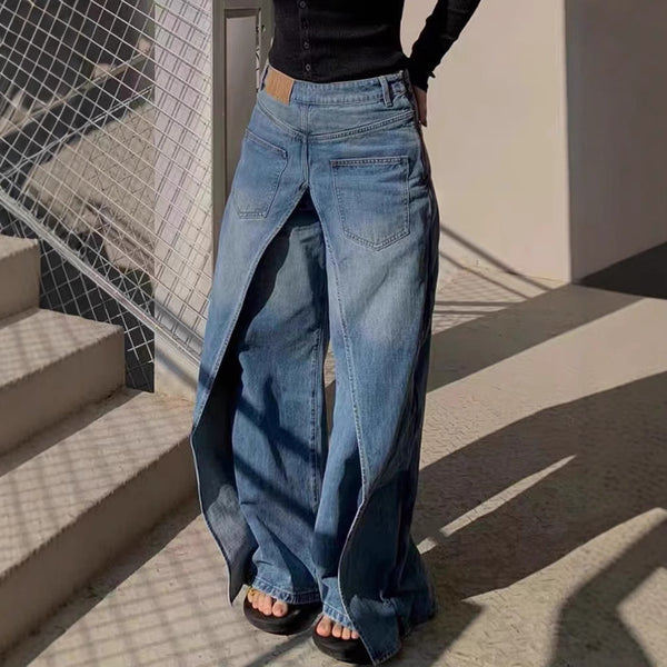 Jeans anchos de desgaste Y2g, desgaste frente y detrás, lavado, estilo suelto, pierna ancha - The Noble Style