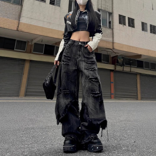 Jeans cargo anchos desgastados de calle alta - The Noble Style