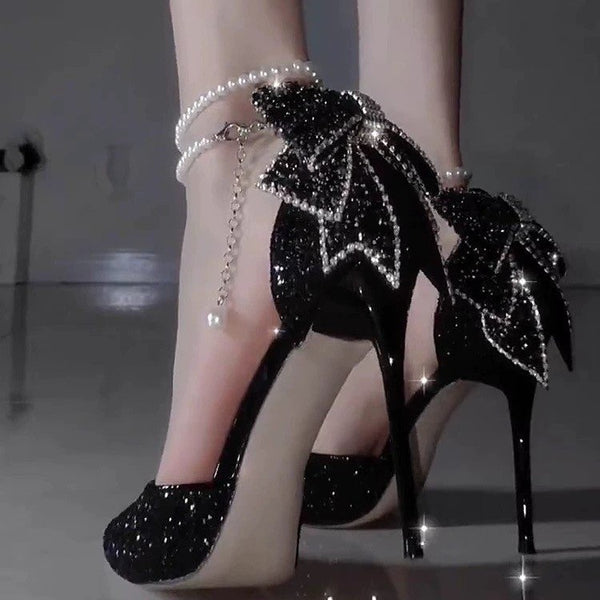 Tacones altos negros con paillette y moño para mujeres - The Noble Style