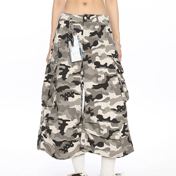 Pantalones cargo de camuflaje mujer con múltiples bolsillos y estampado de lunares - The Noble Style