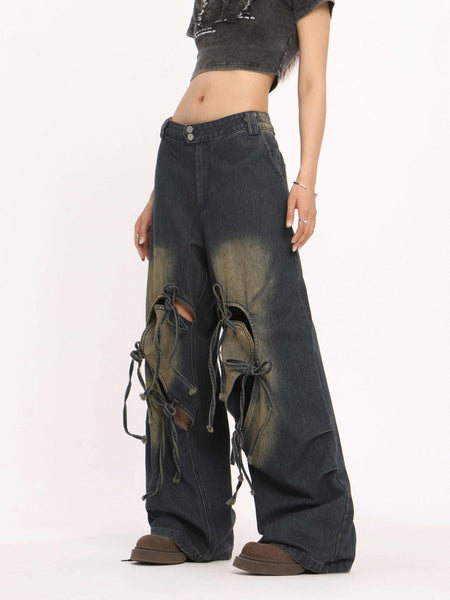 Jeans de mujer de cintura alta con cordones, pantalones rectos y anchos desgastados - The Noble Style