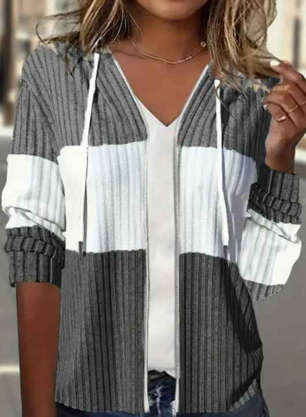 Chaqueta con capucha a rayas con cremallera de bloques de color