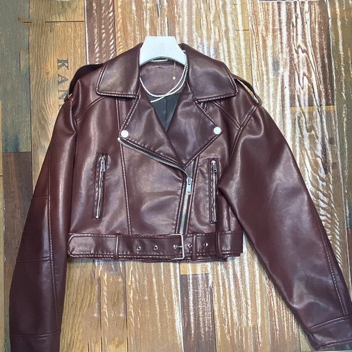 Chaqueta de piel sintética mujer estilo retro Hong Kong, corta, casual, nueva, moto, de piel PU