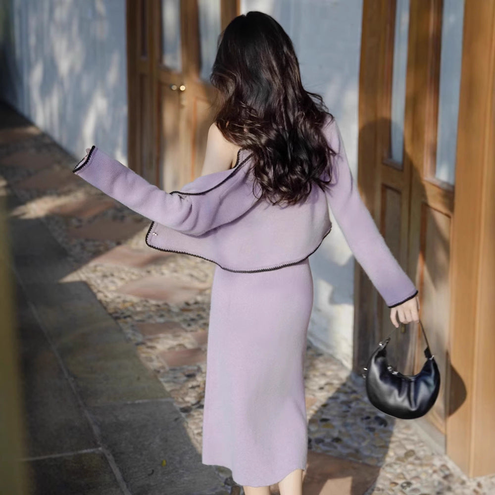 Suéter púrpura con tirantes estilo deseo puro de alta calidad, conjunto de dos piezas con cárdigan - The Noble Style