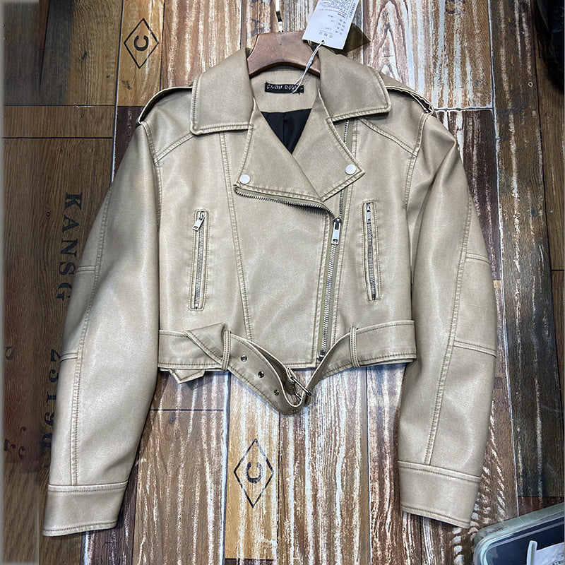 Chaqueta de piel sintética mujer estilo retro Hong Kong, corta, casual, nueva, moto, de piel PU