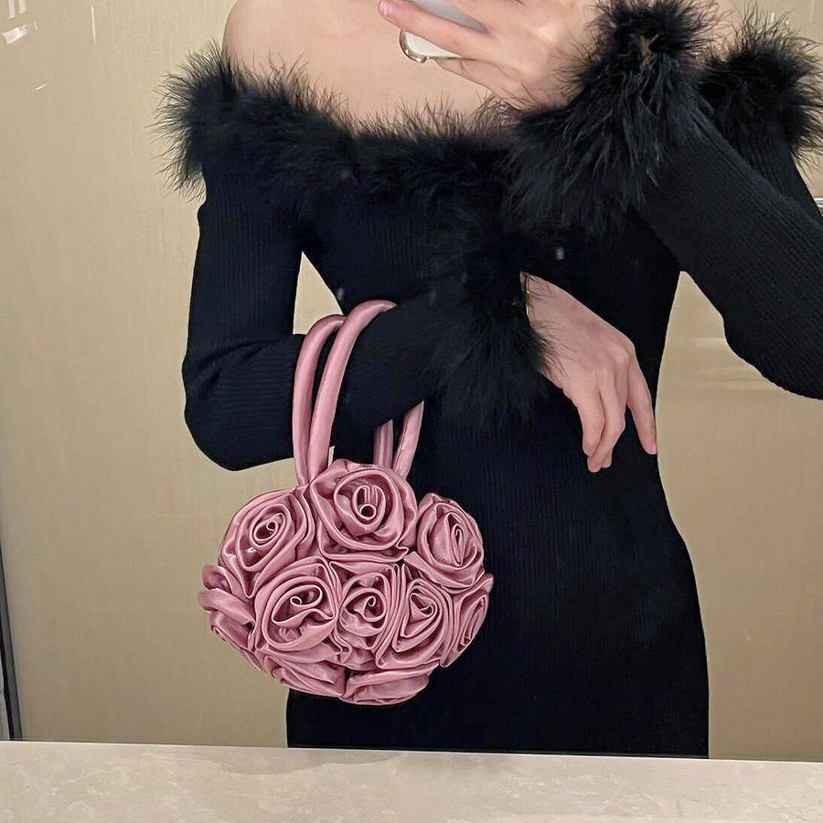 Bolso de mano retro floral con diseño oblicuo y hecho a mano en forma redonda - The Noble Style