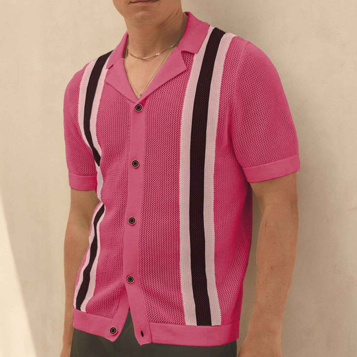 Cardigan de hombre con cuello cubano de moda de manga corta tejido