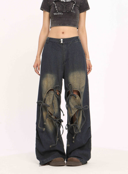 Jeans de mujer de cintura alta con cordones, pantalones rectos y anchos desgastados - The Noble Style