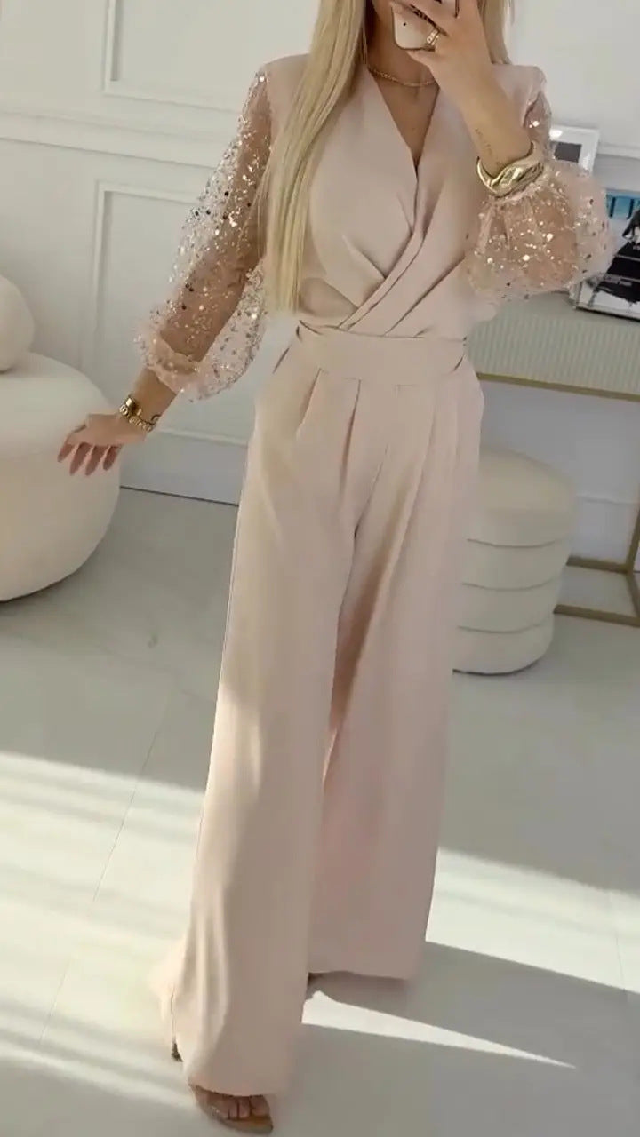 Conjunto Casual Mujer Lentejuelas: Pantalones de Pierna Ancha y Top Brillante - The Noble Style