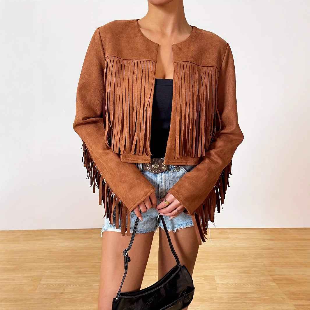 Chaqueta retro con flecos mujer ideal para vacaciones casuales