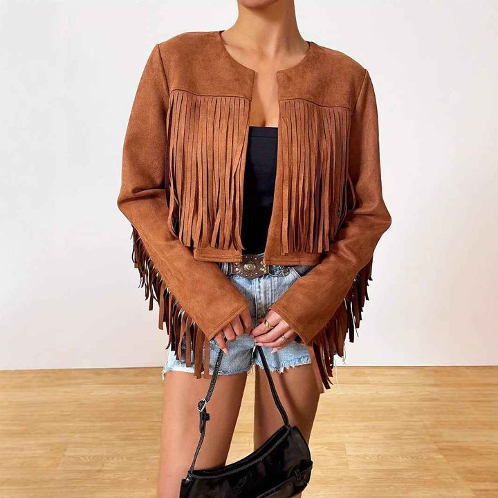 Chaqueta retro con flecos mujer ideal para vacaciones casuales