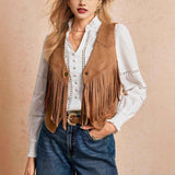 Chaleco con borlas de mujer, chaqueta casual retro con botones de metal al frente