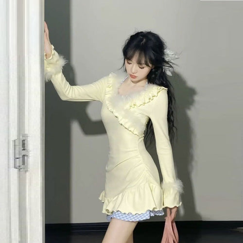 Vestido dulce ceñido V patrocinador con diseño de primavera y otoño, cintura fruncida y efecto esculpido - The Noble Style