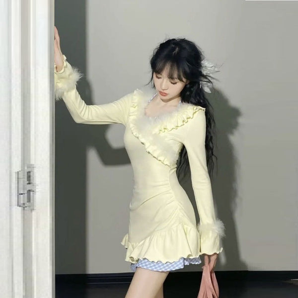 Vestido dulce ceñido V patrocinador con diseño de primavera y otoño, cintura fruncida y efecto esculpido - The Noble Style