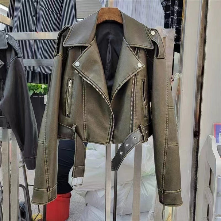 Chaqueta de piel sintética mujer estilo retro Hong Kong, corta, casual, nueva, moto, de piel PU