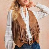 Chaleco con borlas de mujer, chaqueta casual retro con botones de metal al frente