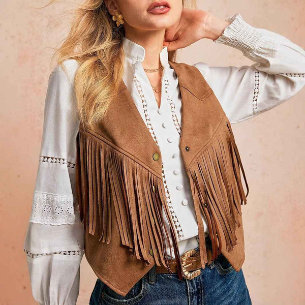 Chaleco con borlas de mujer, chaqueta casual retro con botones de metal al frente