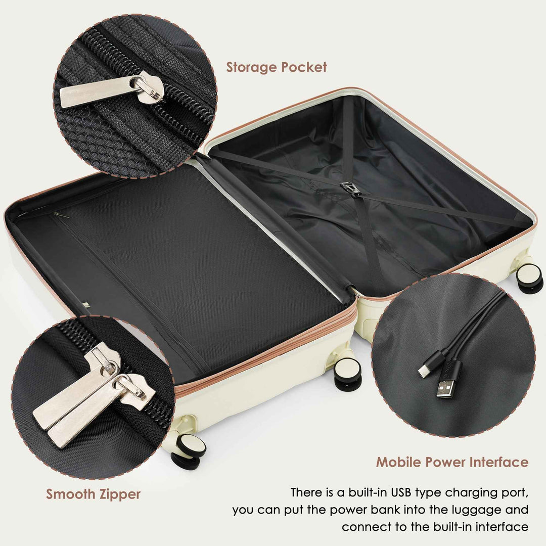 Juego de maletas con puerto USB, Set de 4 piezas de maletas expandibles ABS duraderas con bolso de viaje y soporte para taza, ruedas giratorias, color beige.