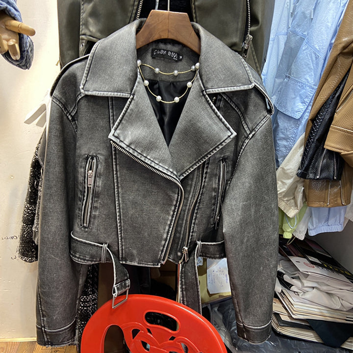 Chaqueta de piel sintética mujer estilo retro Hong Kong, corta, casual, nueva, moto, de piel PU
