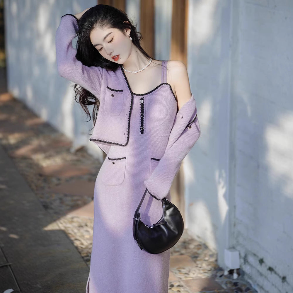 Suéter púrpura con tirantes estilo deseo puro de alta calidad, conjunto de dos piezas con cárdigan - The Noble Style