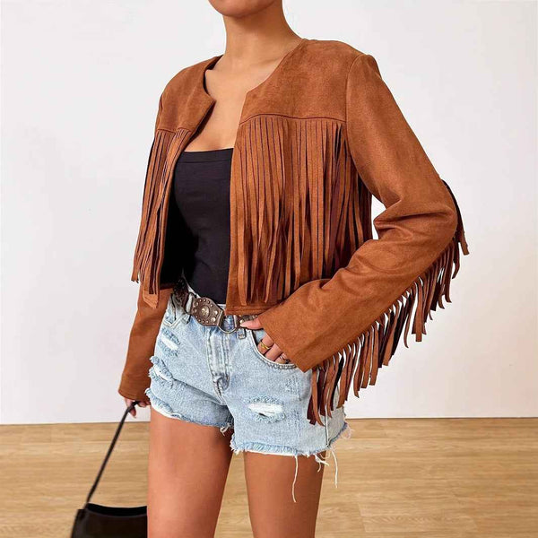 Chaqueta retro con flecos mujer ideal para vacaciones casuales