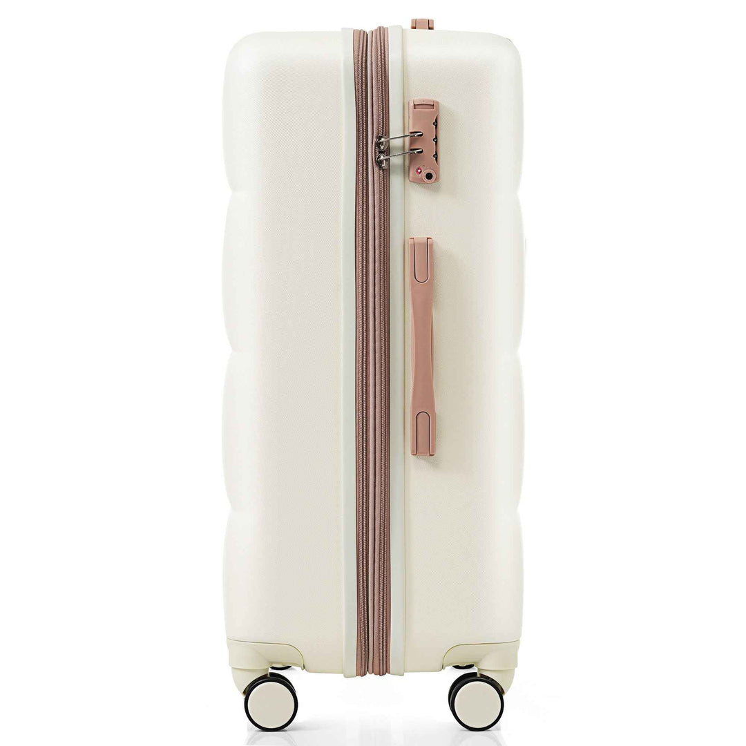 Juego de maletas con puerto USB, Set de 4 piezas de maletas expandibles ABS duraderas con bolso de viaje y soporte para taza, ruedas giratorias, color beige.