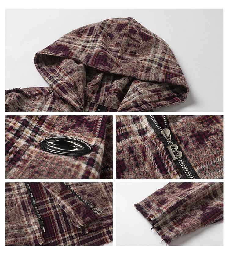 Chaqueta con capucha de cuadros retro con cremallera