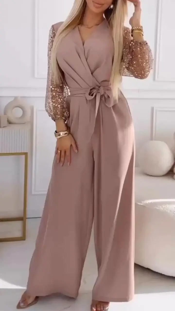 Conjunto Casual Mujer Lentejuelas: Pantalones de Pierna Ancha y Top Brillante - The Noble Style