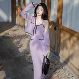 Suéter púrpura con tirantes estilo deseo puro de alta calidad, conjunto de dos piezas con cárdigan - The Noble Style