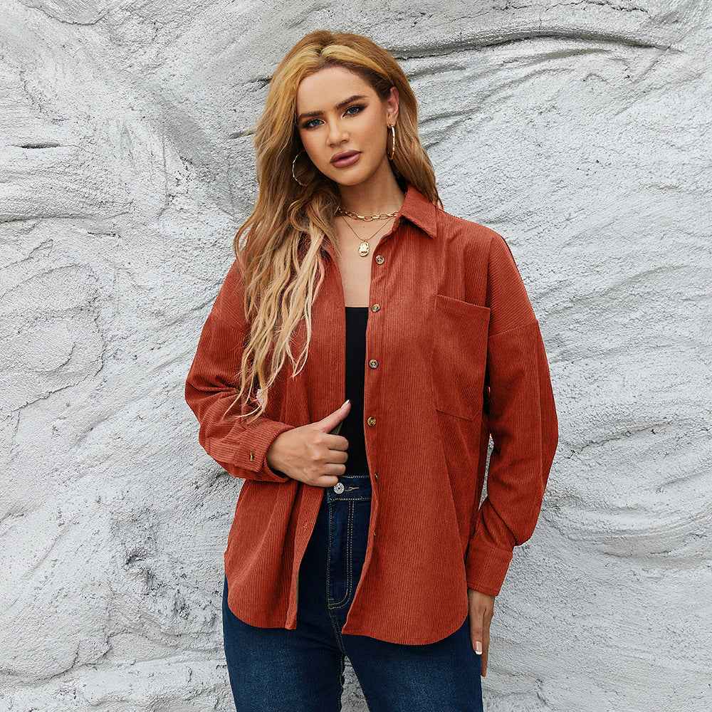 Chaqueta suelta de mujer de pana, abrigo de camisa sólido estilo americano