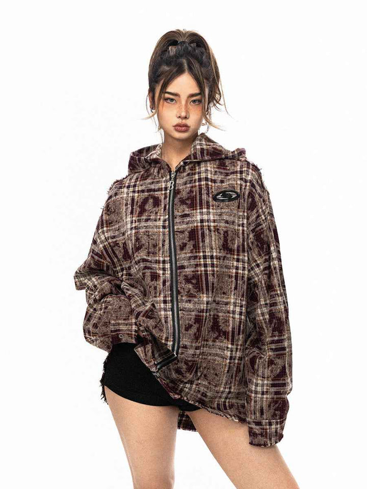 Chaqueta con capucha de cuadros retro con cremallera