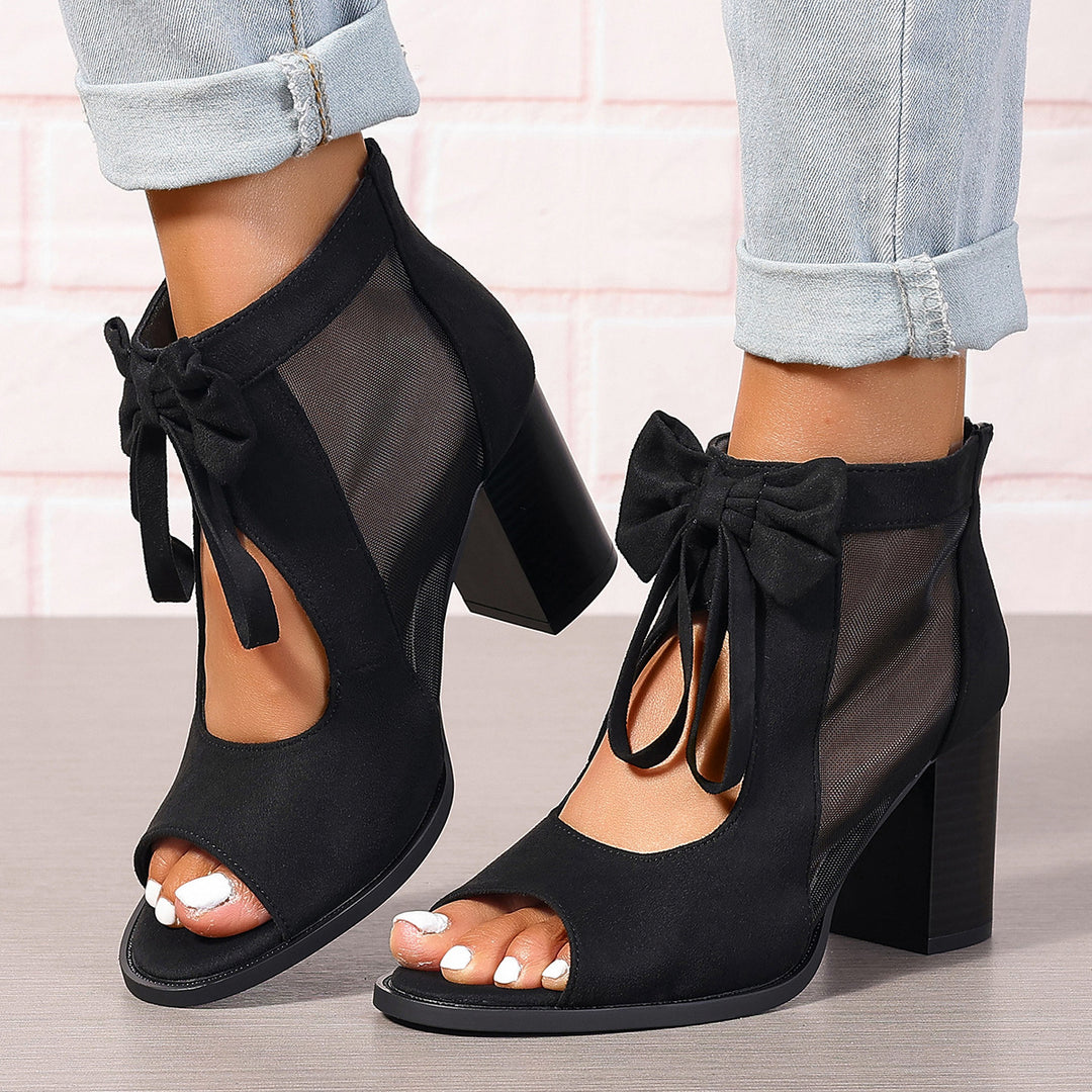 Sandalias de tacón alto con moño para mujer, plataforma, con decoración de lazo, punta abierta, con tira al tobillo, ideales para vestidos y fiestas de bodas - The Noble Style