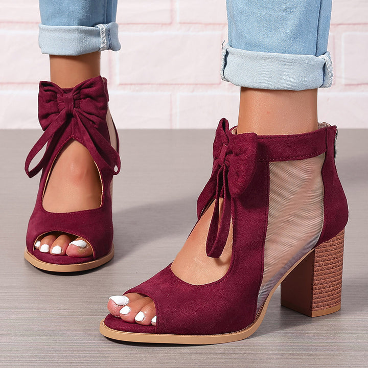 Sandalias de tacón alto con moño para mujer, plataforma, con decoración de lazo, punta abierta, con tira al tobillo, ideales para vestidos y fiestas de bodas - The Noble Style