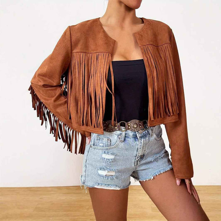 Chaqueta retro con flecos mujer ideal para vacaciones casuales