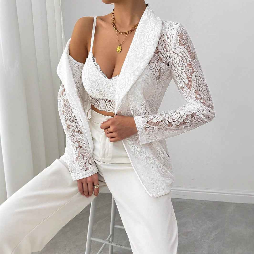Blazer blanco de encaje mujer casual elegante