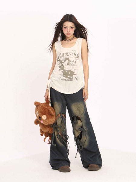 Jeans de mujer de cintura alta con cordones, pantalones rectos y anchos desgastados