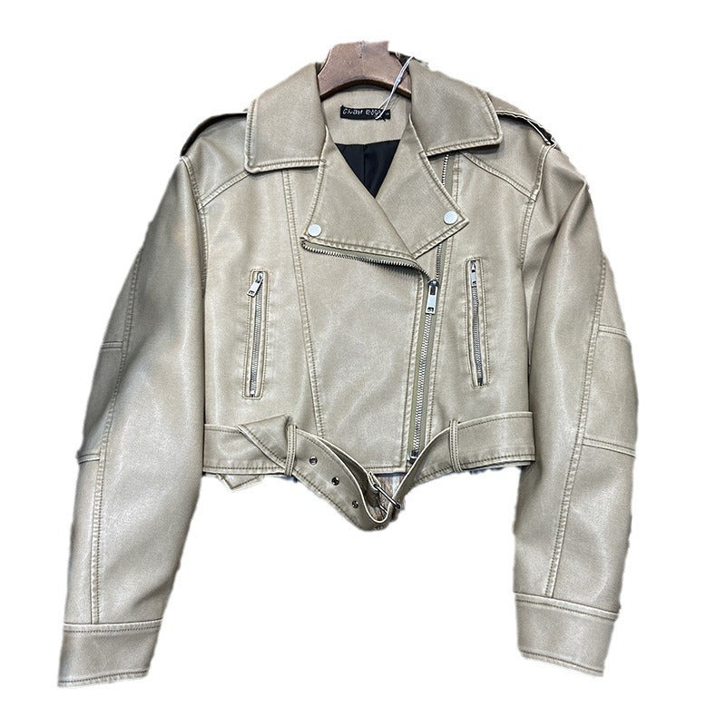 Chaqueta de piel sintética mujer estilo retro Hong Kong, corta, casual, nueva, moto, de piel PU
