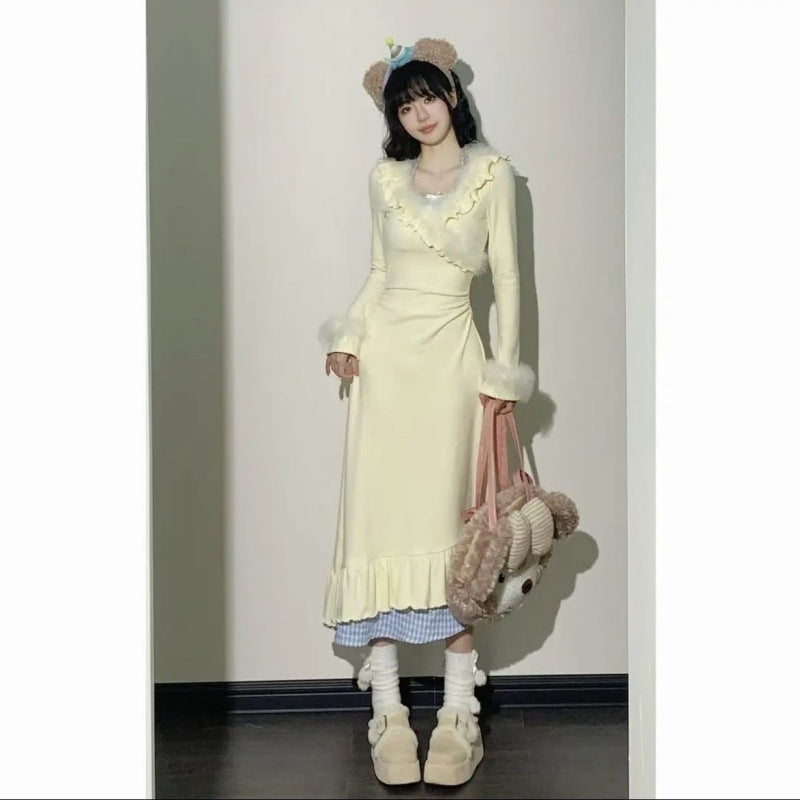 Vestido dulce ceñido V patrocinador con diseño de primavera y otoño, cintura fruncida y efecto esculpido