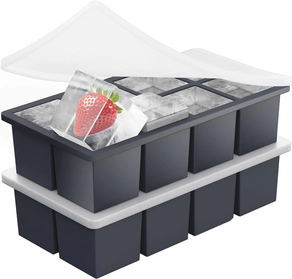 Azosowo 2-Pack Large Ice Cube Trays for Whiskey Silicone Square 2-inch Ice Cube Trays with Lid Stackable Ice Cube Trays for Freezer Easy-Release Ice Cube Maker Mold for Cocktail Bourbon Drinks