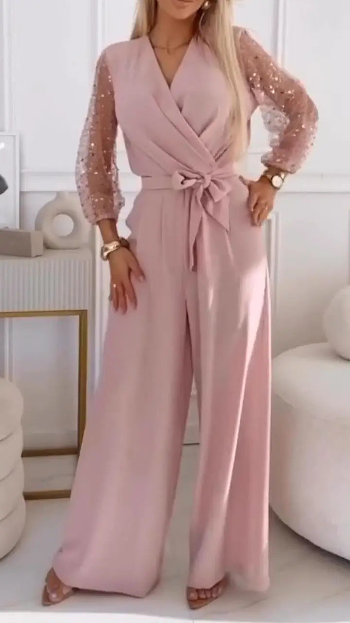 Conjunto Casual Mujer Lentejuelas: Pantalones de Pierna Ancha y Top Brillante - The Noble Style