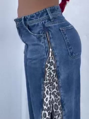 Jeans estampados de leopardo con cierre para mujer - The Noble Style