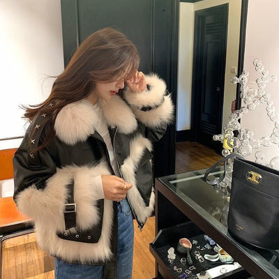 Sense Fox Fur Stitching Leather Coat